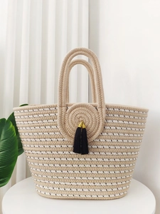 Striped Woven Tote Bag Cotton Rope Large Capacity Beach Holiday Handbag With Black Tassels For Women Casual Style