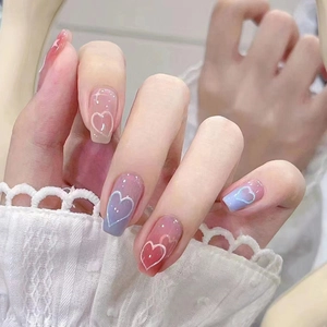 Sweet Press On Nails Pink Purple Blue Gradient Heart Star Pattern Long Coffin Fake Nails With Glue For Women Elegant