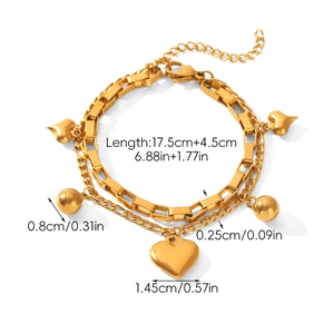Medidas detalladas de una pulsera de doble capa de oro de 18 quilates con dije de corazón