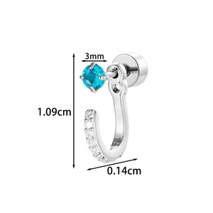 U-shaped stainless steel earring with blue gemstone and micro-pave cubic zirconia inlay