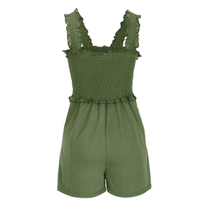Detail of army green romper featuring ruffled straps and elastic smocked bodice texture