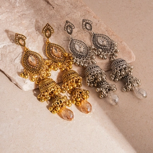 Vintage crystal studded tassel earrings with metallic finish in gold and silver