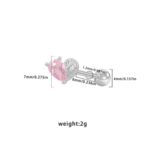 Detailed view of heart-shaped pink zircon ear stud with silver wing design and measurements