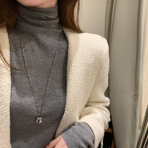 Minimalist Bean Water Drop Pendant Necklace Double Layer Long Sweater Chain Alloy Silver Color Niche Design For Women