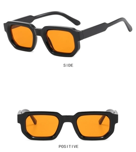 Detailed side and front view of retro thick square sunglasses with orange lenses