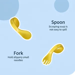 Yellow ergonomic curved baby spoon and fork set for self-feeding training in storage box
