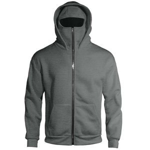 Dark grey full-zip double-layered hooded sweatshirt with integrated full face mask design