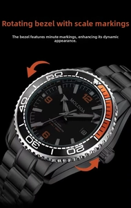 Macro view of black and orange bezel on professional 600m waterproof diving watch
