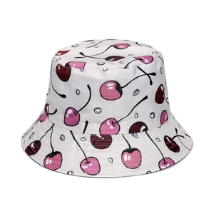 Off-white cotton sun hat for women featuring cute cherry prints and wide brim