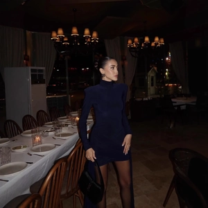Navy blue slim fit long sleeve ruched dress with crew neck and ribbon detail