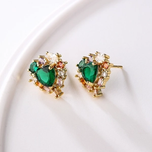 Chic 18K gold plated heart stud earrings with green center stone and colorful crystals