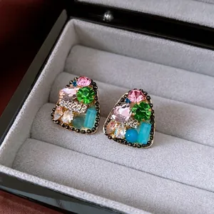 Luxe retro triangular stud earrings with colorful rhinestones and gold alloy base