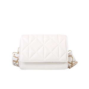 Chic white quilted crossbody bag with stylish patterned wide shoulder strap for women