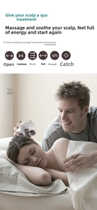 Detail showing 4 rotating massage nodes and 6 techniques on a white scalp massager