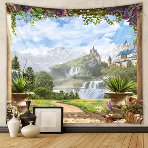 Detailansicht eines großen Landschaftswandteppichs mit Wasserfall und Schloss an der Wand