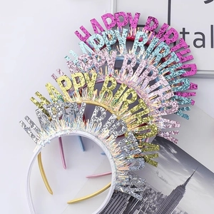 Happy Birthday Headband Glitter Letters Alloy Rhinestone Faux Artificial Pearl Crown Mesh Lace Hair Hoop Party Decoration Photo Prop