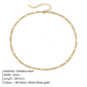 Detail view of 4mm gold Figaro chain necklace in stainless steel with sizing information
