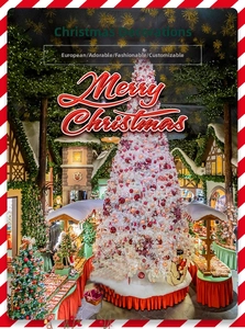 Luxurious white Christmas tree decorated with colorful ornaments and festive village scene