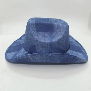 Classic American vintage blue denim cowboy hat with geometric pattern and black rope trim