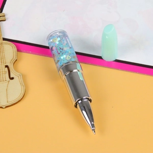 Lipstick-shaped gel pen with blue glitter quicksand liquid and light green cap