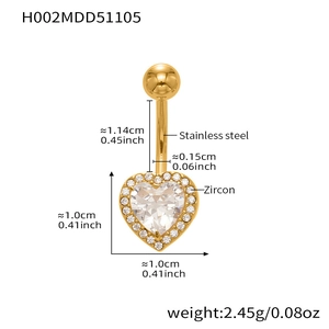 Detailed dimensions of the 18k gold plated heart zircon belly ring with stainless steel post