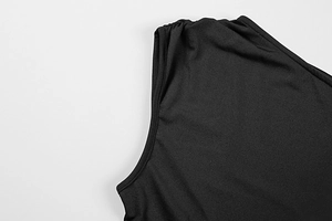 Close-up of ruched shoulder detail on a black elegant sleeveless slim fit dress