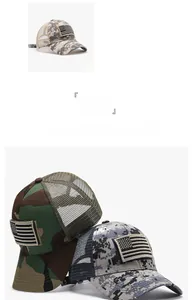 Detail von taktischen Mesh-Baseballkappen mit USA-Flaggen-Klettpatches und Tarnmustern