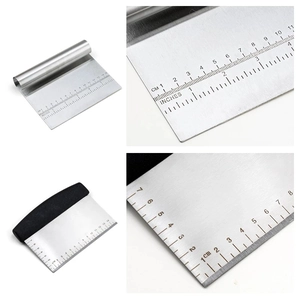 Stainless steel dough scraper set with scale markings in cm and inches on white background