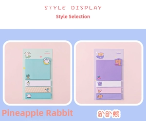 Detail of cute pineapple rabbit and lying bear themed sticky notes and stationery