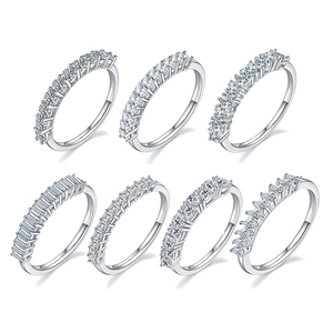 Set of 7 sterling silver moissanite rings in various cuts like round and emerald shapes