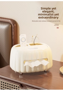 Detail of cream pumpkin tissue box with compartments for remote and metal support feet