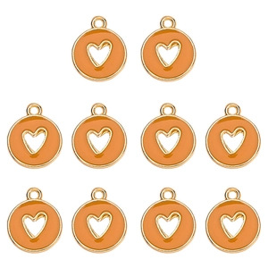 Set of 10 orange enamel heart charms with gold alloy frames for DIY jewelry crafts