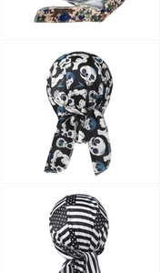 Detailed views of durags featuring digital camo, skull prints, and American flag patterns