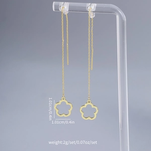 Elegant gold hollow five-petal flower tassel threader earrings with 1.01cm floral design