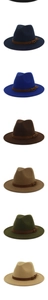Vertical display of unisex wide brim felt fedora hats in six different classic colors