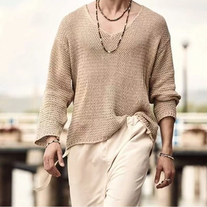 Men's loose knit hollow sweater in beige featuring V-neck and long sleeves for beach vacation