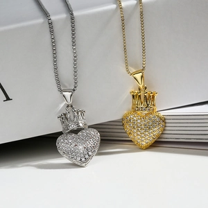 Heart Crown Pendant Necklace Copper Zircon Micro Pave Gold Silver Plated Elegant Clavicle Chain For Women