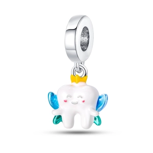 Detail of silver tooth charm with crown and blue wings for DIY bracelet jewelry