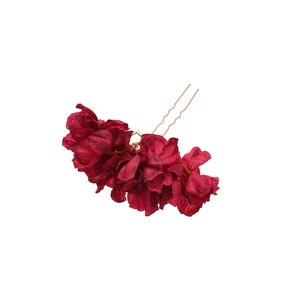 Elegant red fabric flower hair pin with gold U-shaped needle in Neo-Chinese style