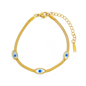 Gold stainless steel snake chain bracelet with evil eye charms and extension chain