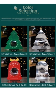 Detailed size chart for Christmas tree and bell shaped glitter gift boxes with clear windows
