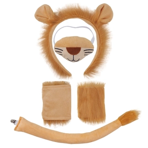Lion cosplay set with plush ears headband, eye mask, wrist cuffs and tail for Halloween