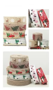 Detail of assorted Christmas burlap ribbons with reindeer, snowmen and festive patterns