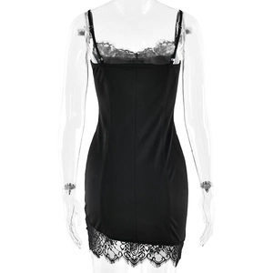 Detailed back view of a slim fit black lace trim bodycon dress with sleek fabric finish