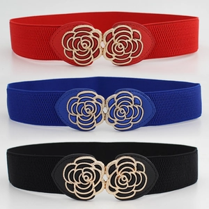 Women Elastic Cinch Belt Rose Flowers Interlocking Alloy Buckle Stretch Waist Seal Decoration For Dresses