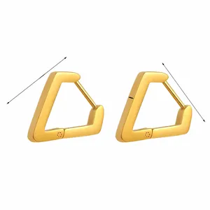 Detailed view of 13.5mm 18k gold-plated stainless steel triangle hoop earrings with dimensions