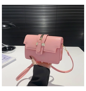Detail of light pink glossy leather handbag with gold metal clasp and zipper decor