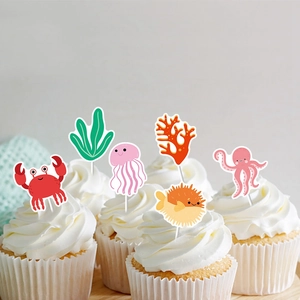 Ocean theme birthday cake toppers set featuring colorful crab jellyfish and sea creatures