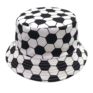 Classic black and white soccer pattern bucket hat with reinforced stitching on the brim