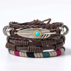 Detail showing vintage multi-layer leather bracelet with silver feather and turquoise charm